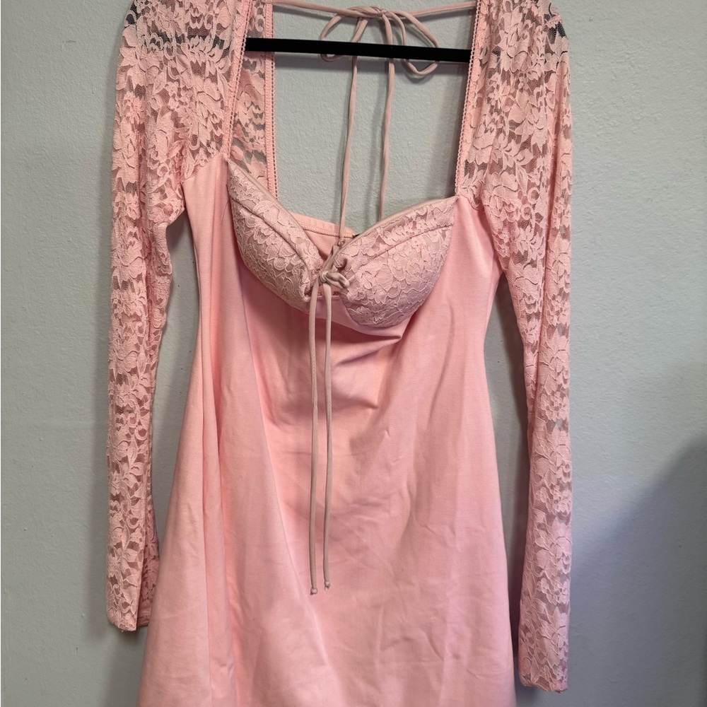 Fashion Nova Pink Babydoll Midi Dress with Long Sleeves